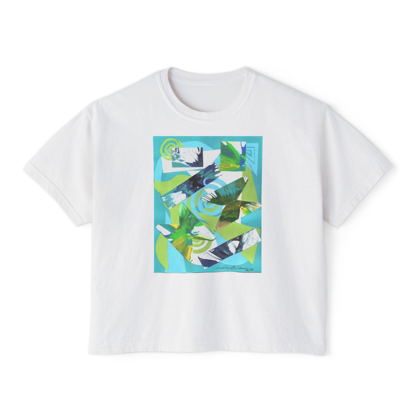 Tropical Collage Women's Boxy Tee — Abstract Green Blue Floral Graphic