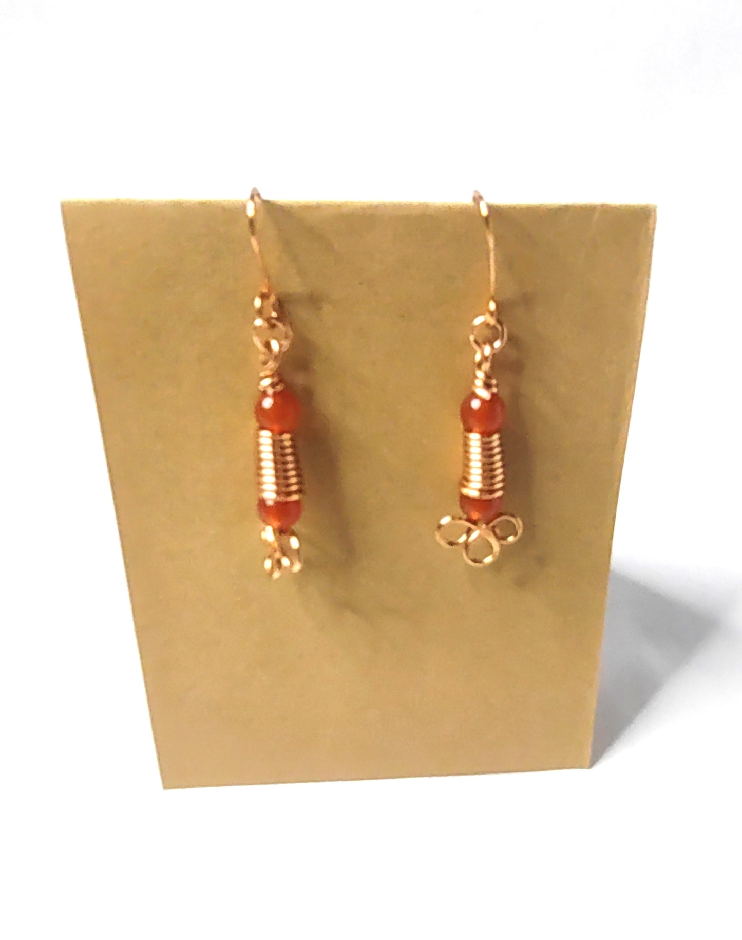 Handmade Dangle Earrings with Carnelian Beads and coiled Copper wire