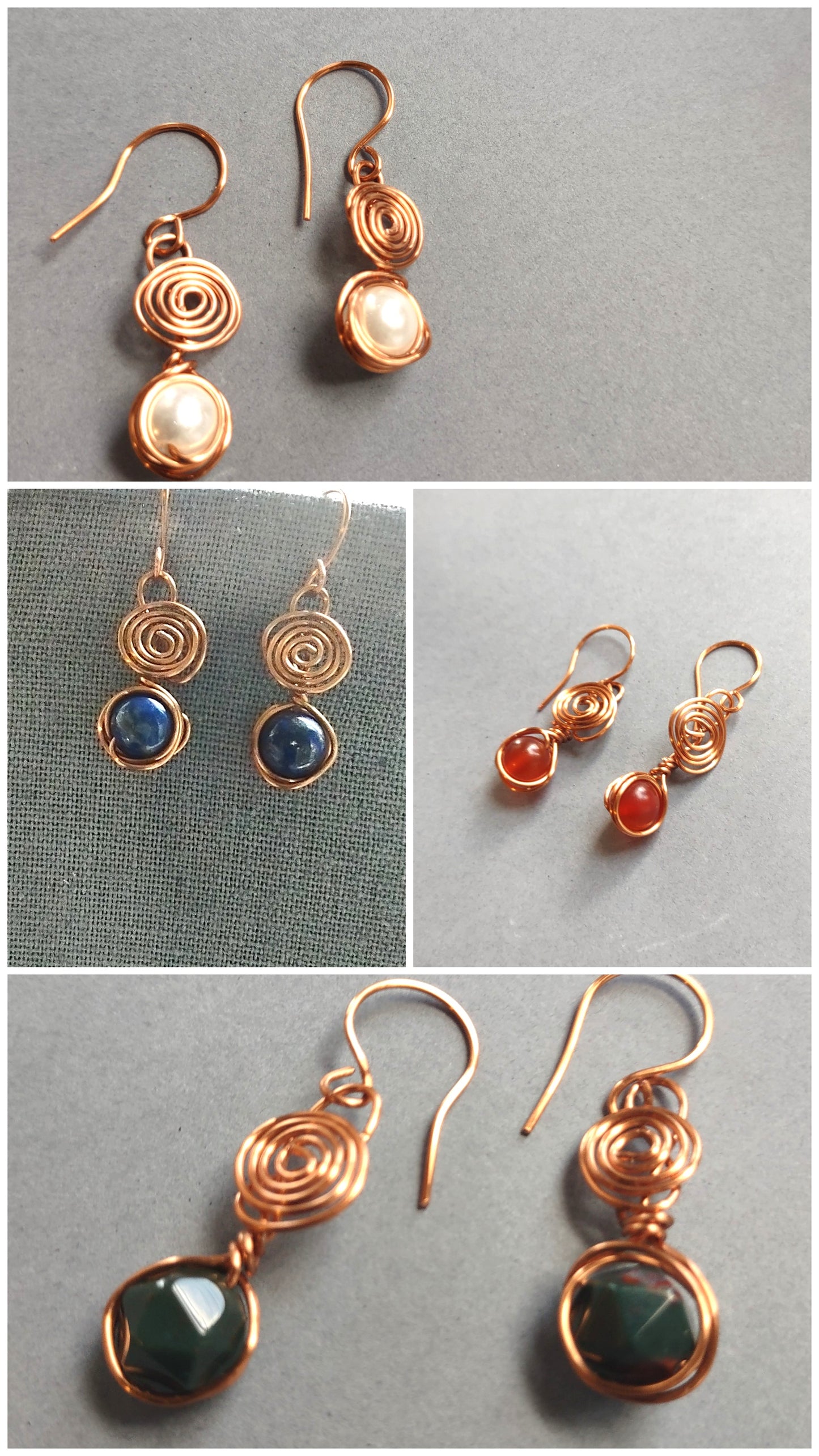 Collage of copper wire-wrapped earrings with various gemstones on a gray background
