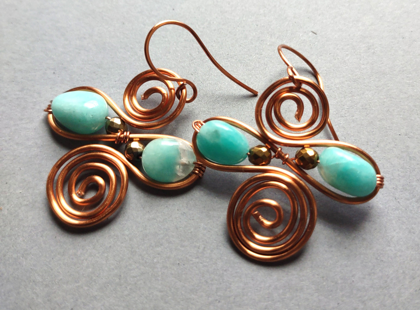 Copper Wire Wrapped Infinity Swirl Earrings with Peruvian Amazonite