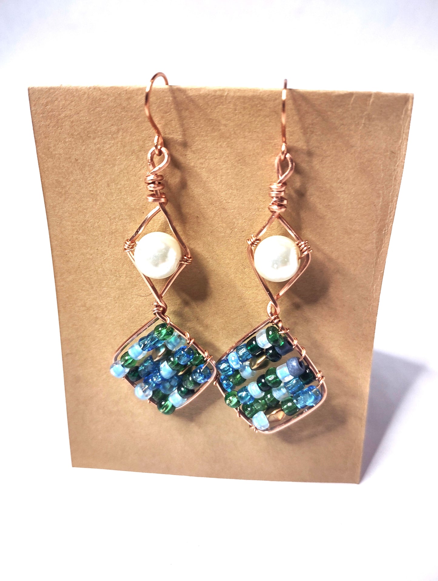 Handmade Copper Earrings with Pearl and Seed beads!