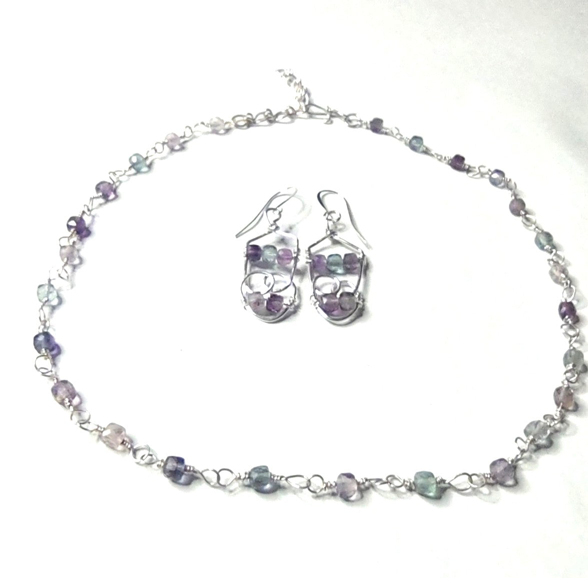 Chain Link Necklace and Earrings - Purple Fluorite Gemstones - Sterling Silver Wire