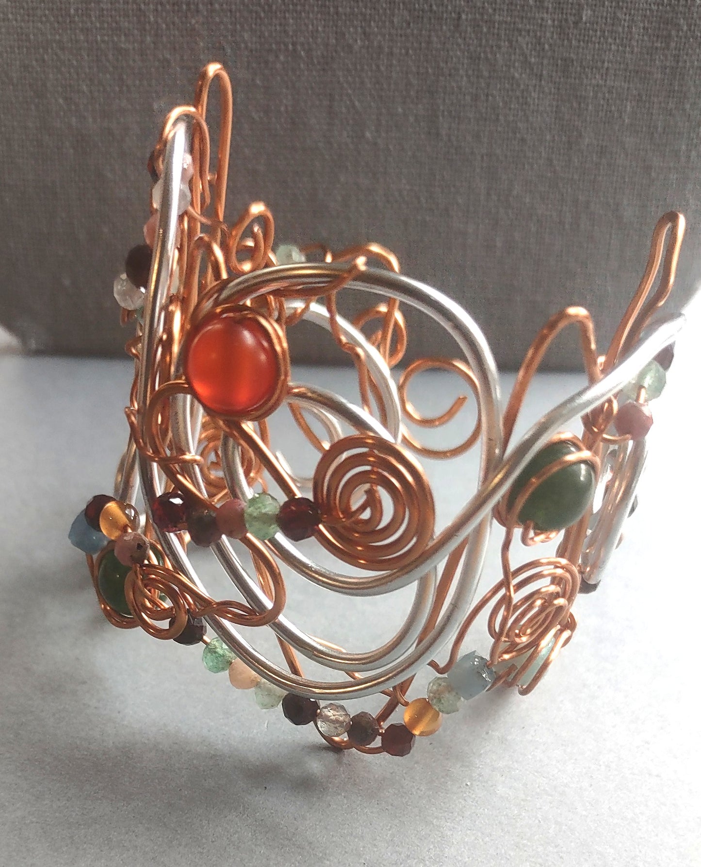 Mixed Metal Wire Wrapped Cuff Bracelet with Semi-Precious Stones