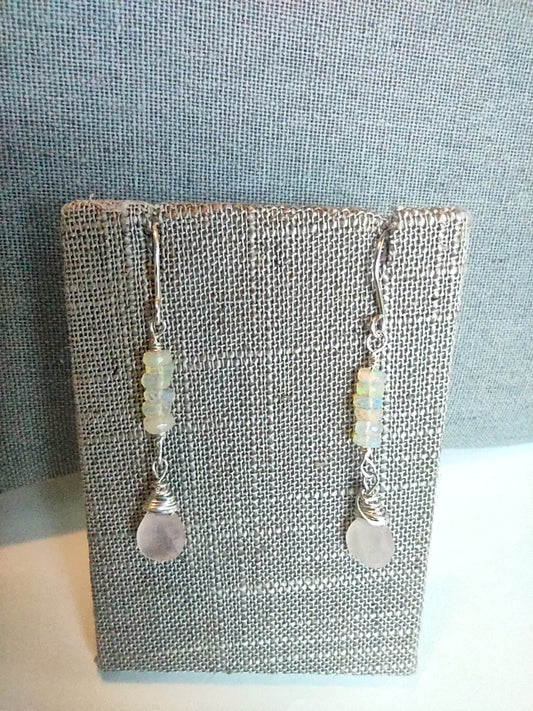 Sterling Silver Wire Wrapped Briolette Earrings - Opal & Rose Quartz