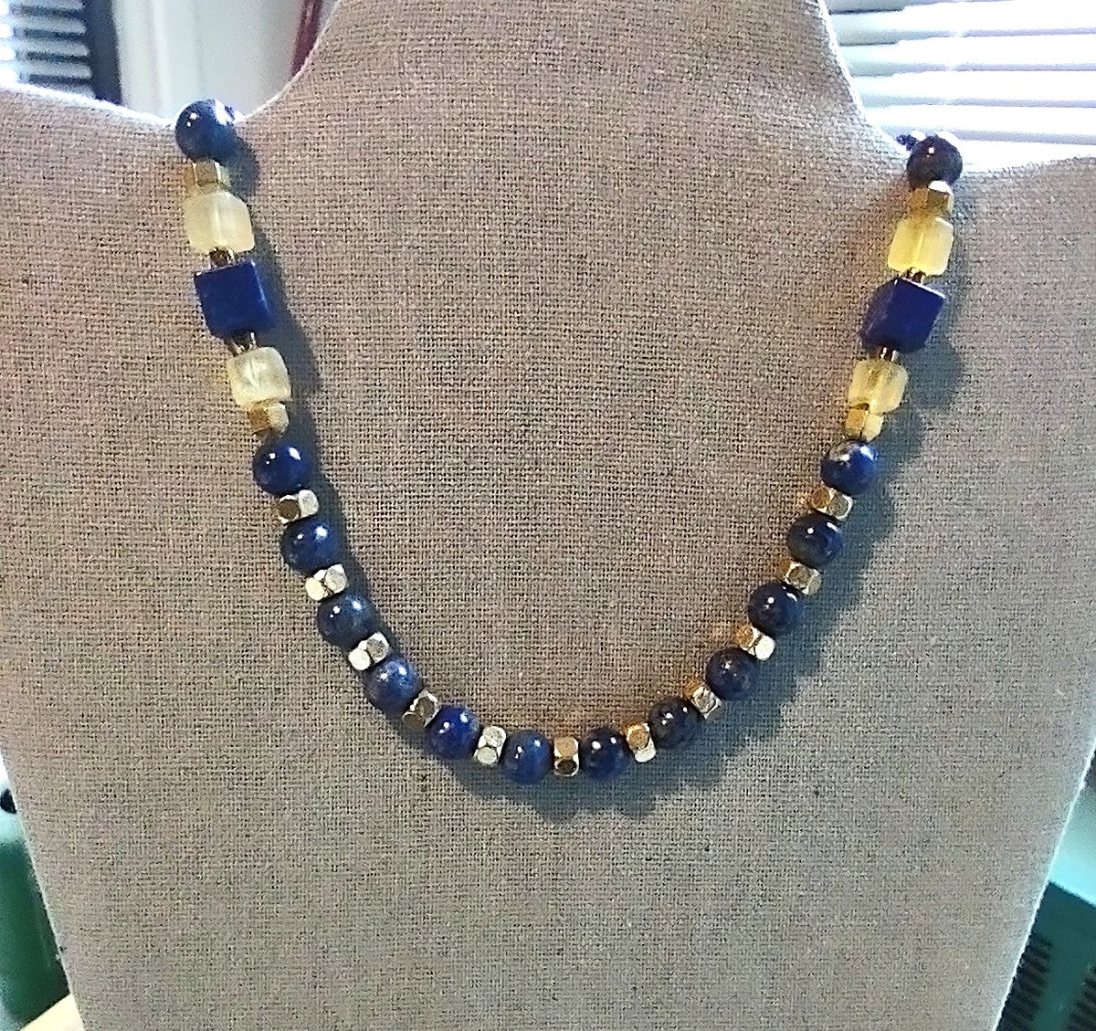 Lapis Lazuli Statement Necklace with Yellow Fluorite & Gold Octagon Beads | 16"