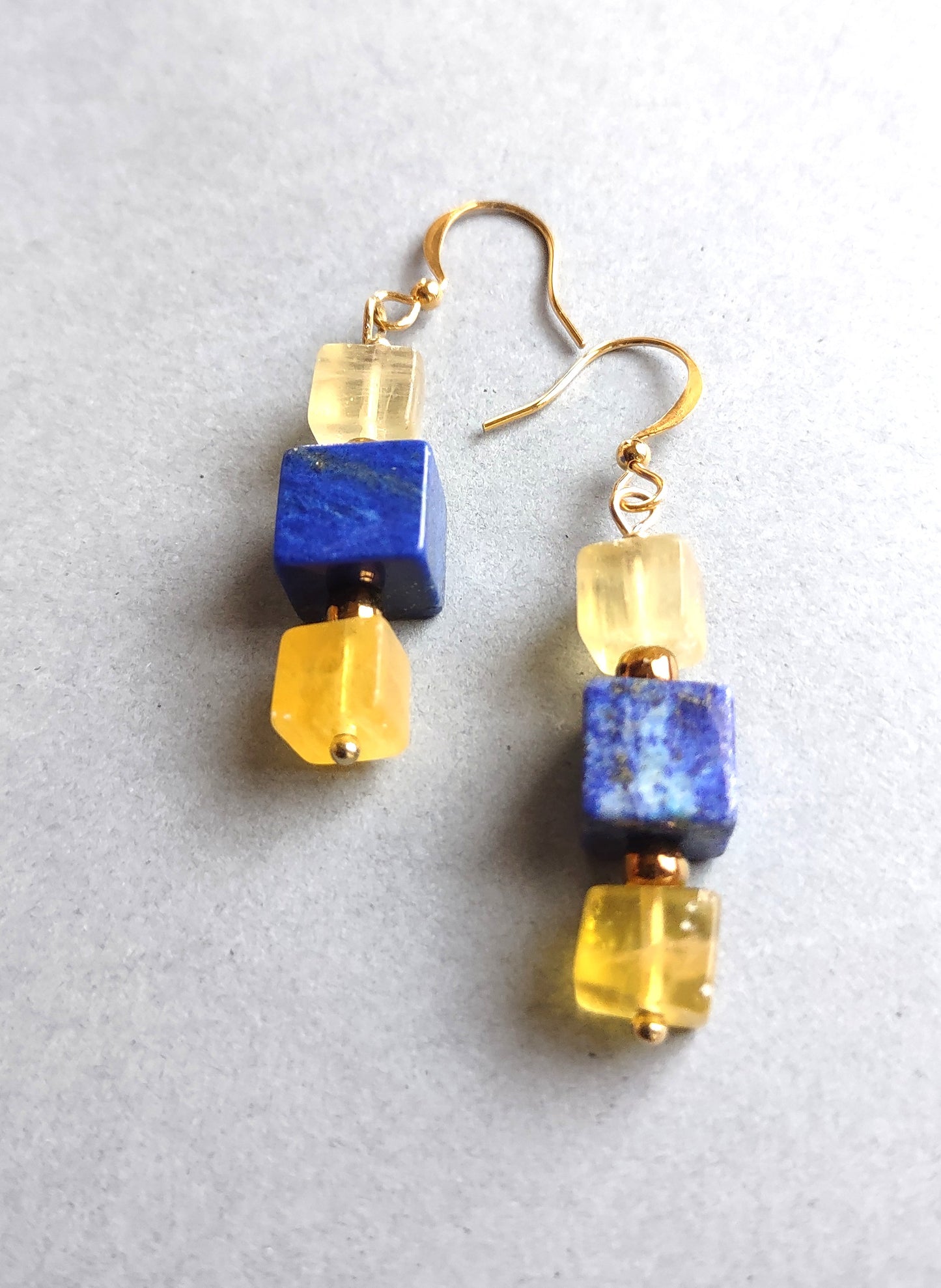 Lapis Lazuli & Yellow Fluorite Cube Dangle Earrings with Gold Ear Wire