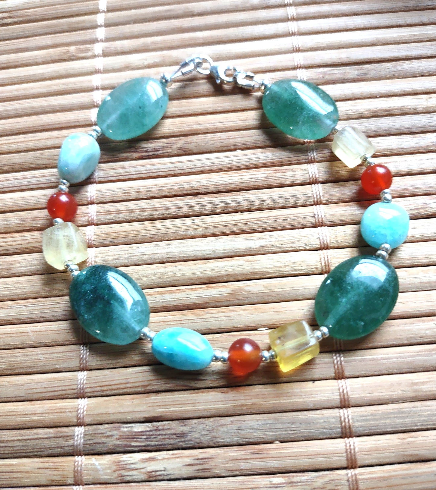 Green Quartz, Yellow Fluorite, Carnelian & Amazonite Bracelet