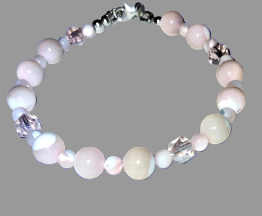 Pink Mother of Pearl Bracelet with Crystal Accents - Sterling Silver