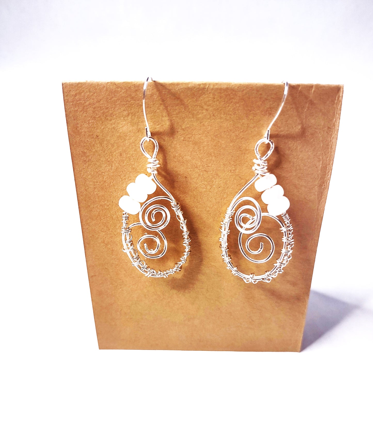 Handmade Wire Wrapped Hoop Earrings with Rose Quartz Beads