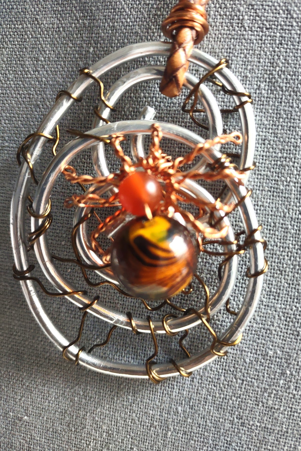 Copper Wire Spider Pendant with Carnelian & Lampwork Bead
