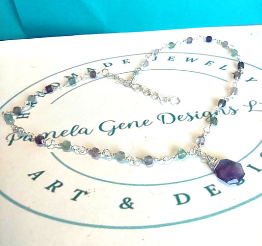 Amethyst Briolette Necklace with Fluorite Accents - Sterling Silver