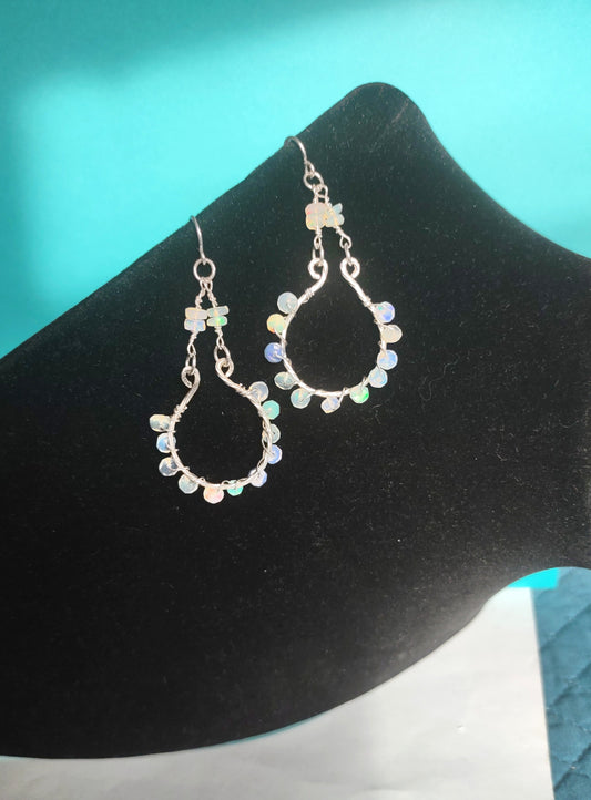 Opal Wire Wrapped Hoop Earrings