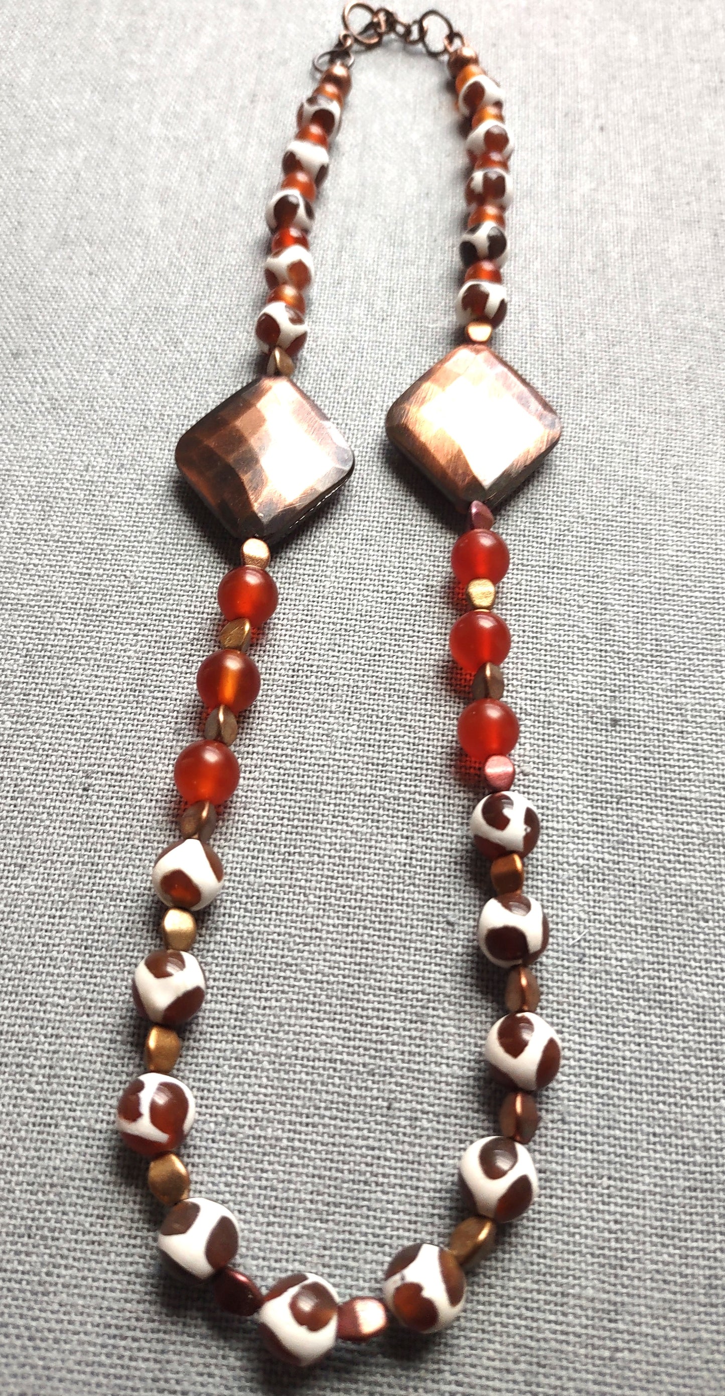 Tibetan Dzi Agate & Carnelian Necklace with Copper Diamond Focal Beads
