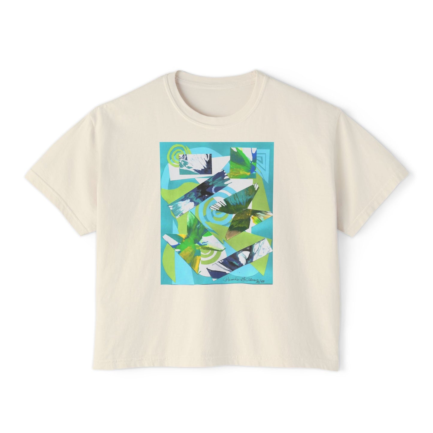 Tropical Collage Women's Boxy Tee — Abstract Green Blue Floral Graphic
