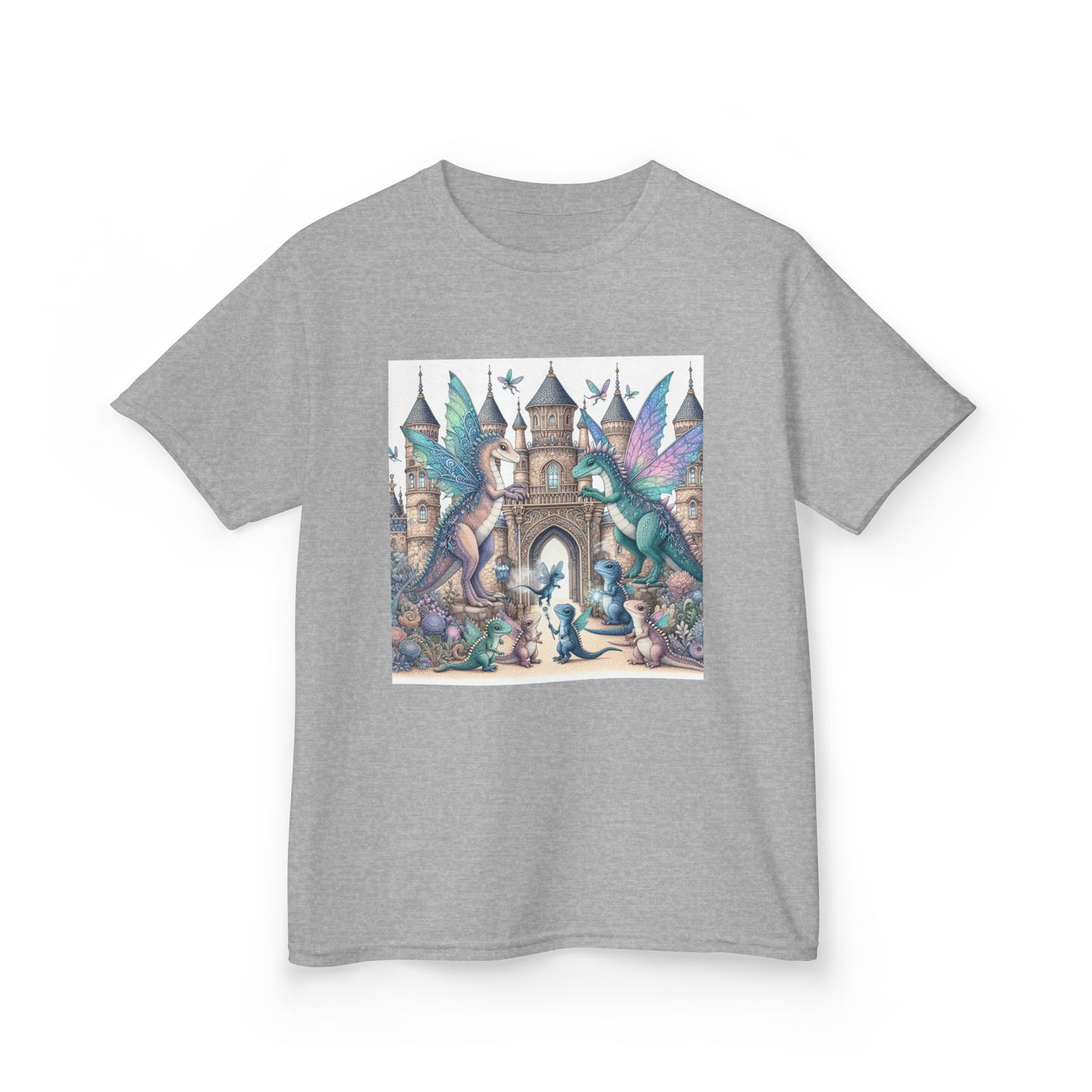Kids Heavy Cotton™ Tee - Features a Castle and Fairy Dragon print - Unisex