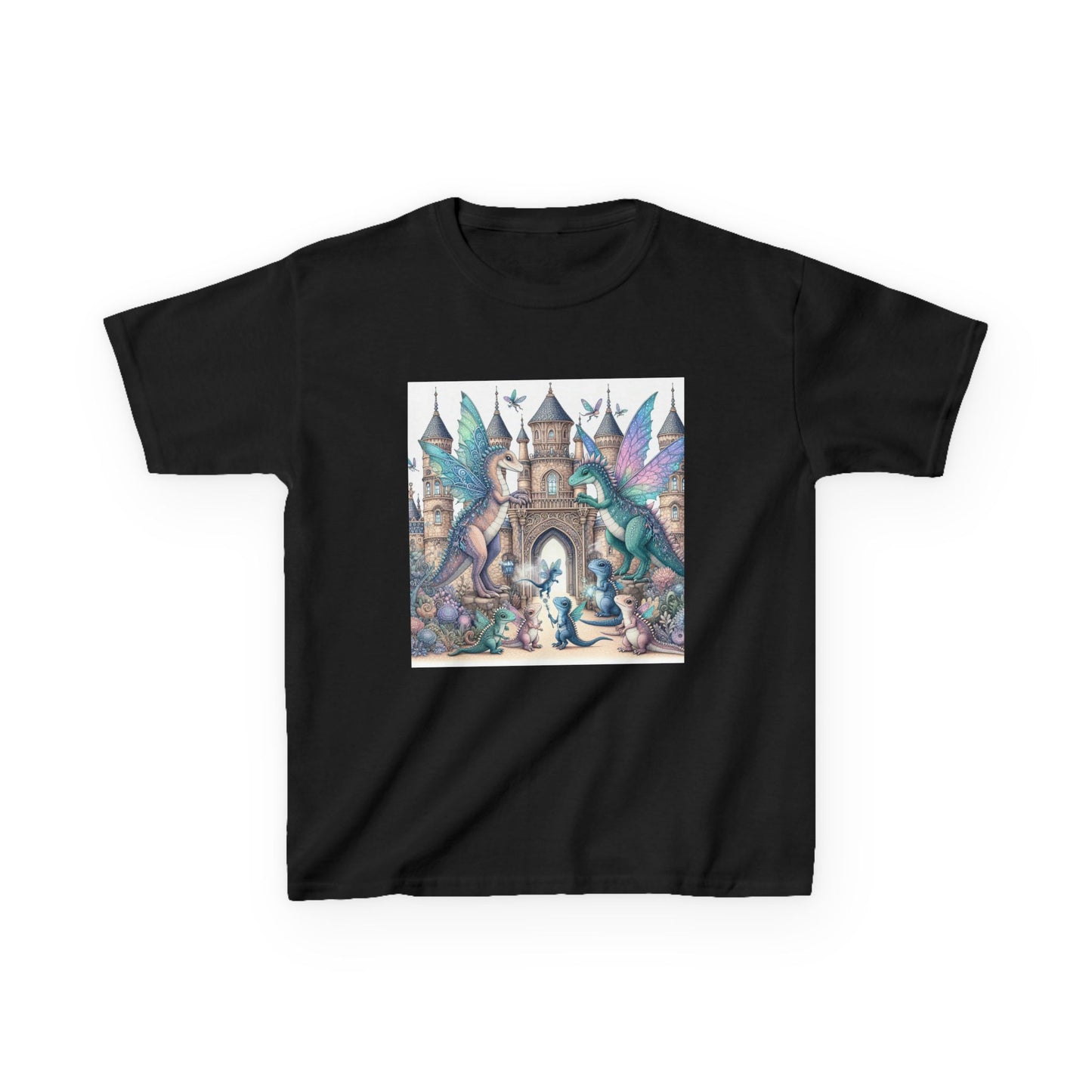Kids Heavy Cotton™ Tee - Features a Castle and Fairy Dragon print - Unisex