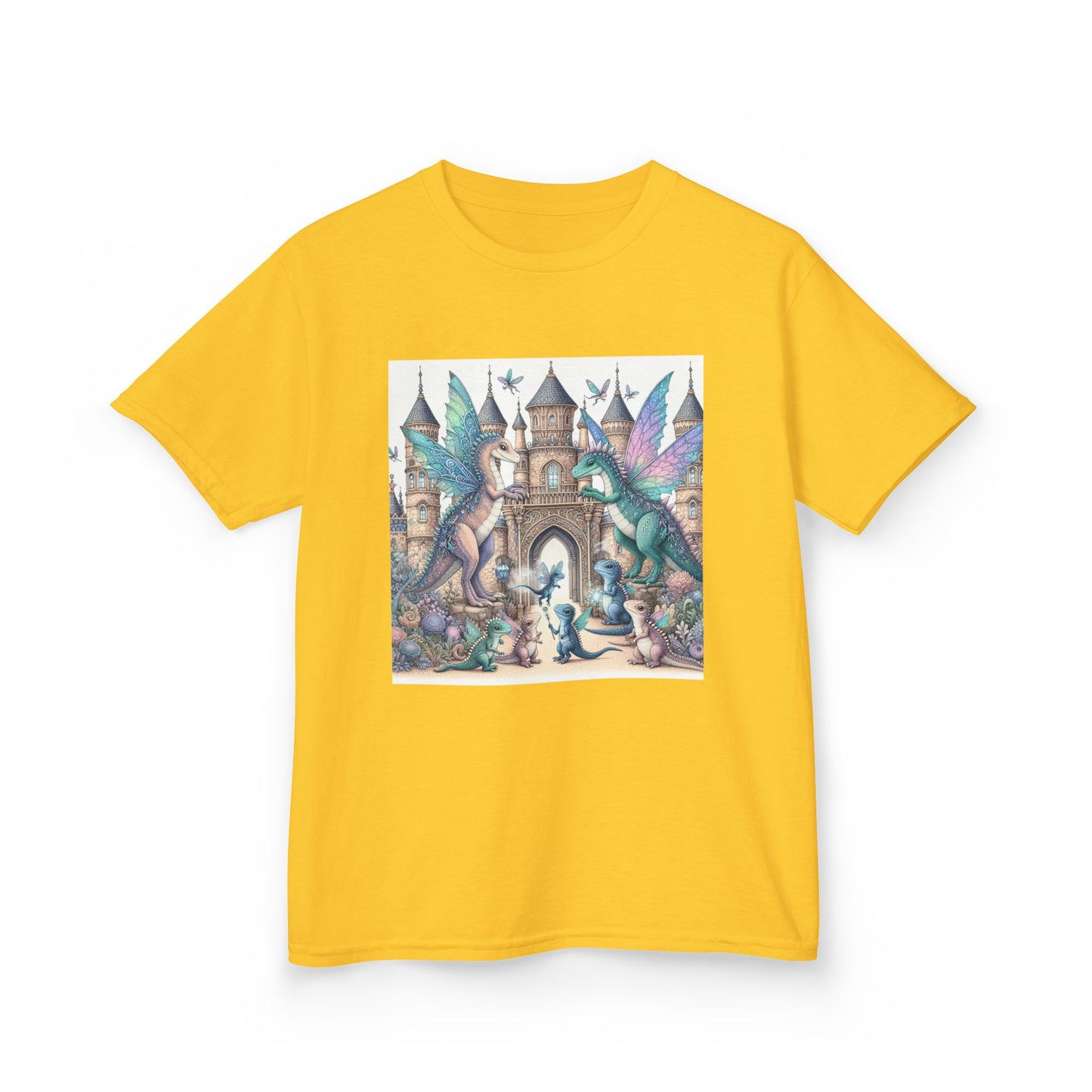 Kids Heavy Cotton™ Tee - Features a Castle and Fairy Dragon print - Unisex