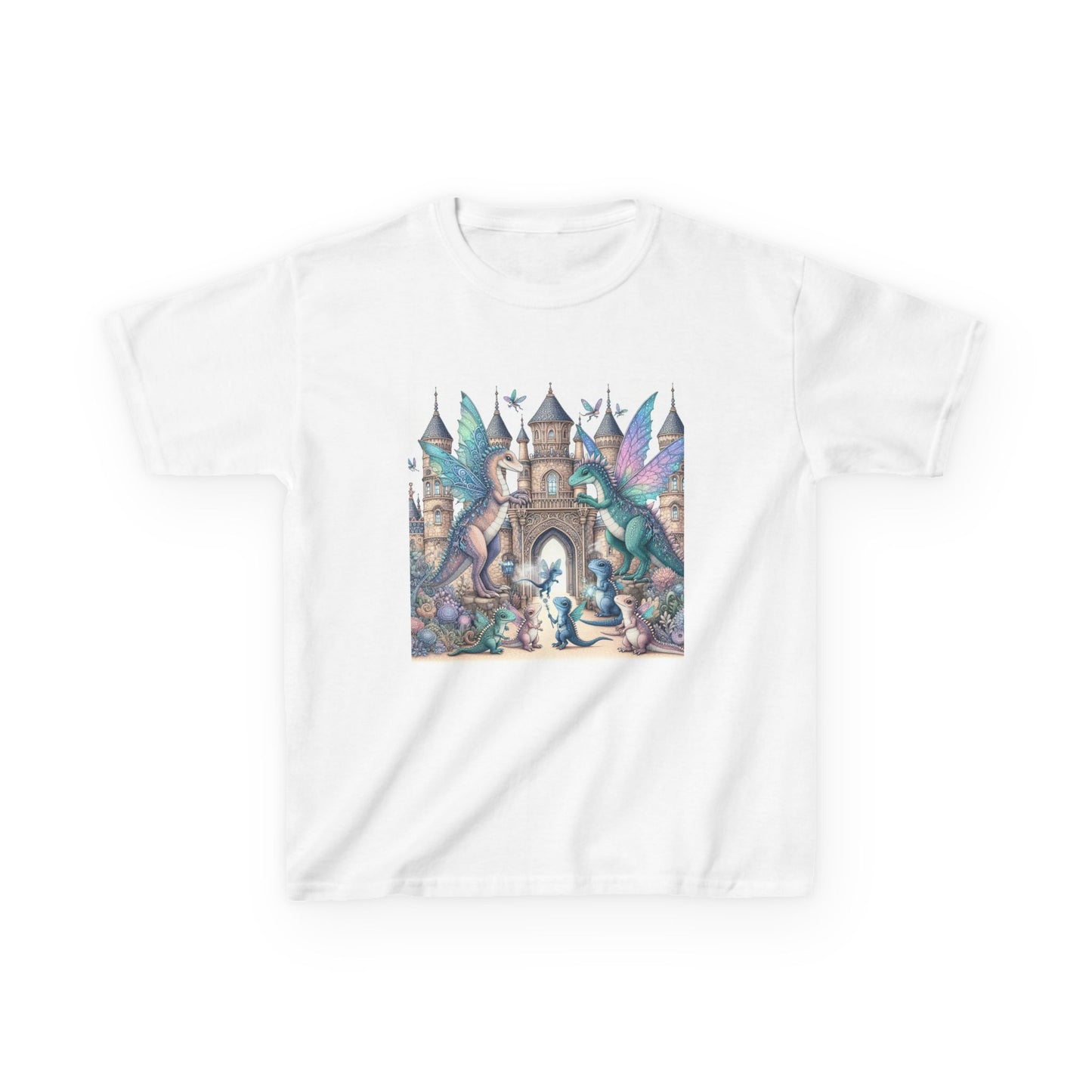 Kids Heavy Cotton™ Tee - Features a Castle and Fairy Dragon print - Unisex