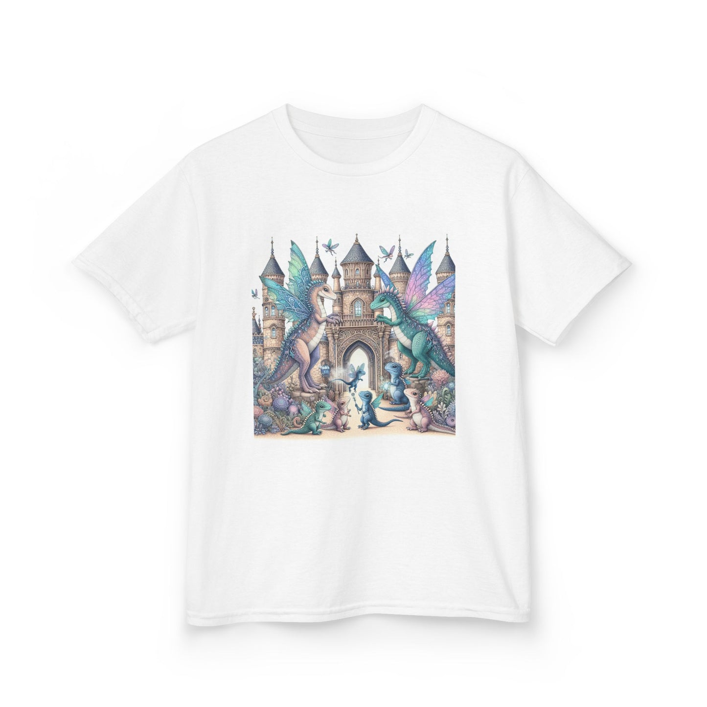 Kids Heavy Cotton™ Tee - Features a Castle and Fairy Dragon print - Unisex