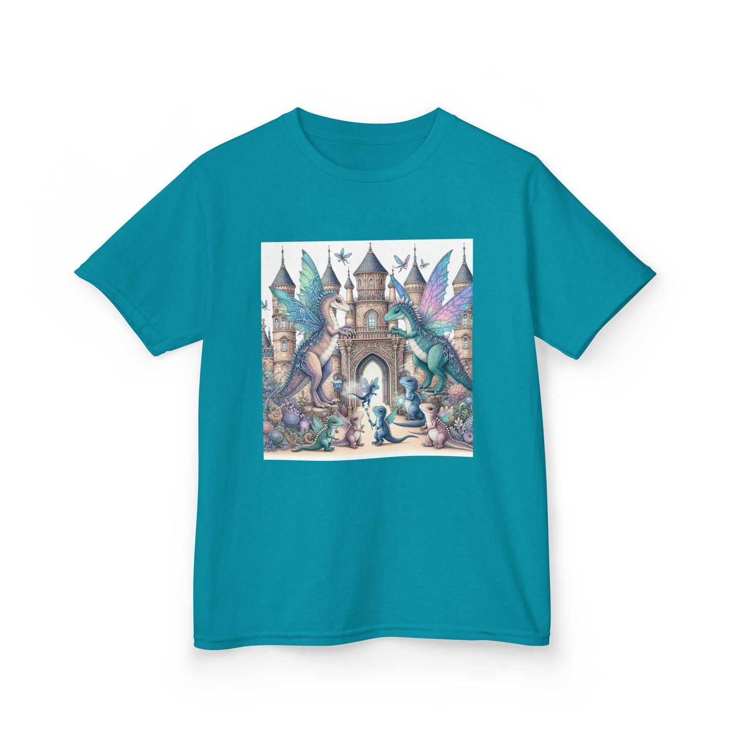Kids Heavy Cotton™ Tee - Features a Castle and Fairy Dragon print - Unisex