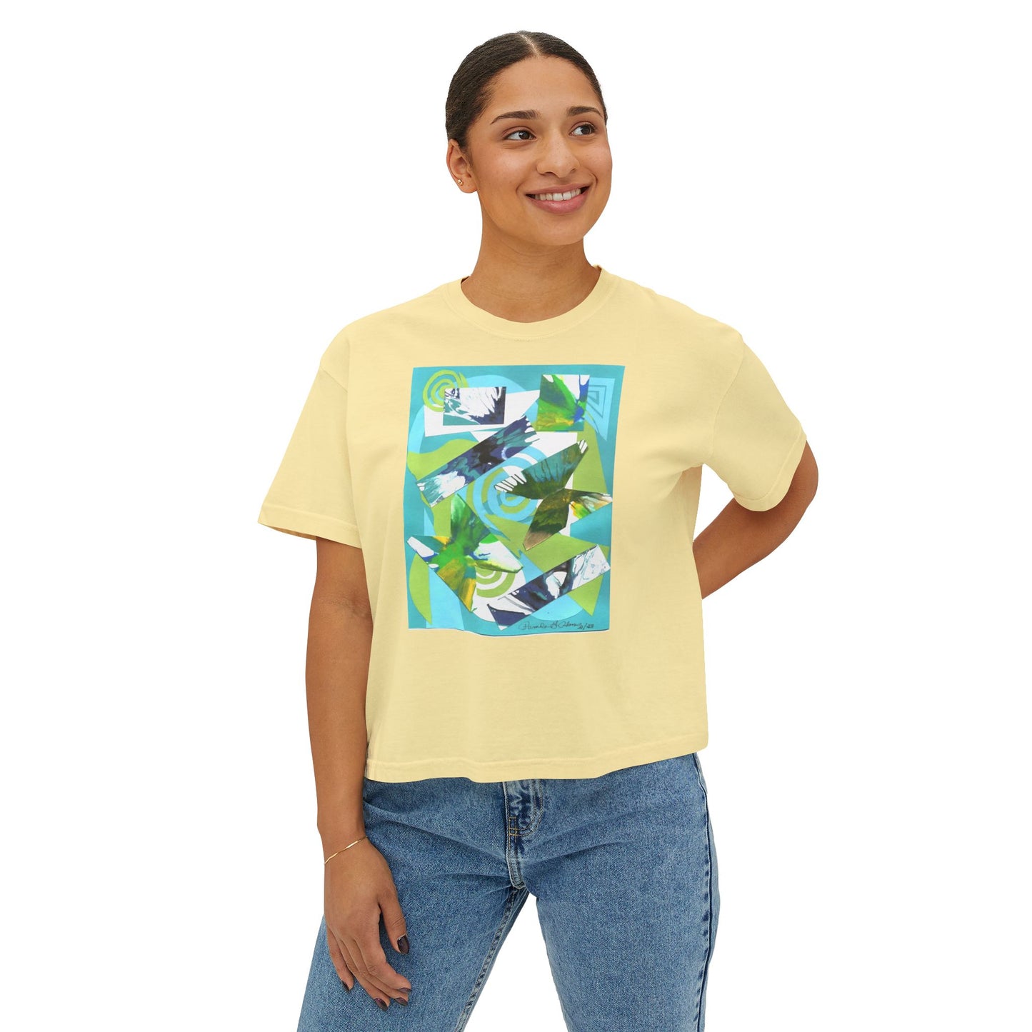 Tropical Collage Women's Boxy Tee — Abstract Green Blue Floral Graphic