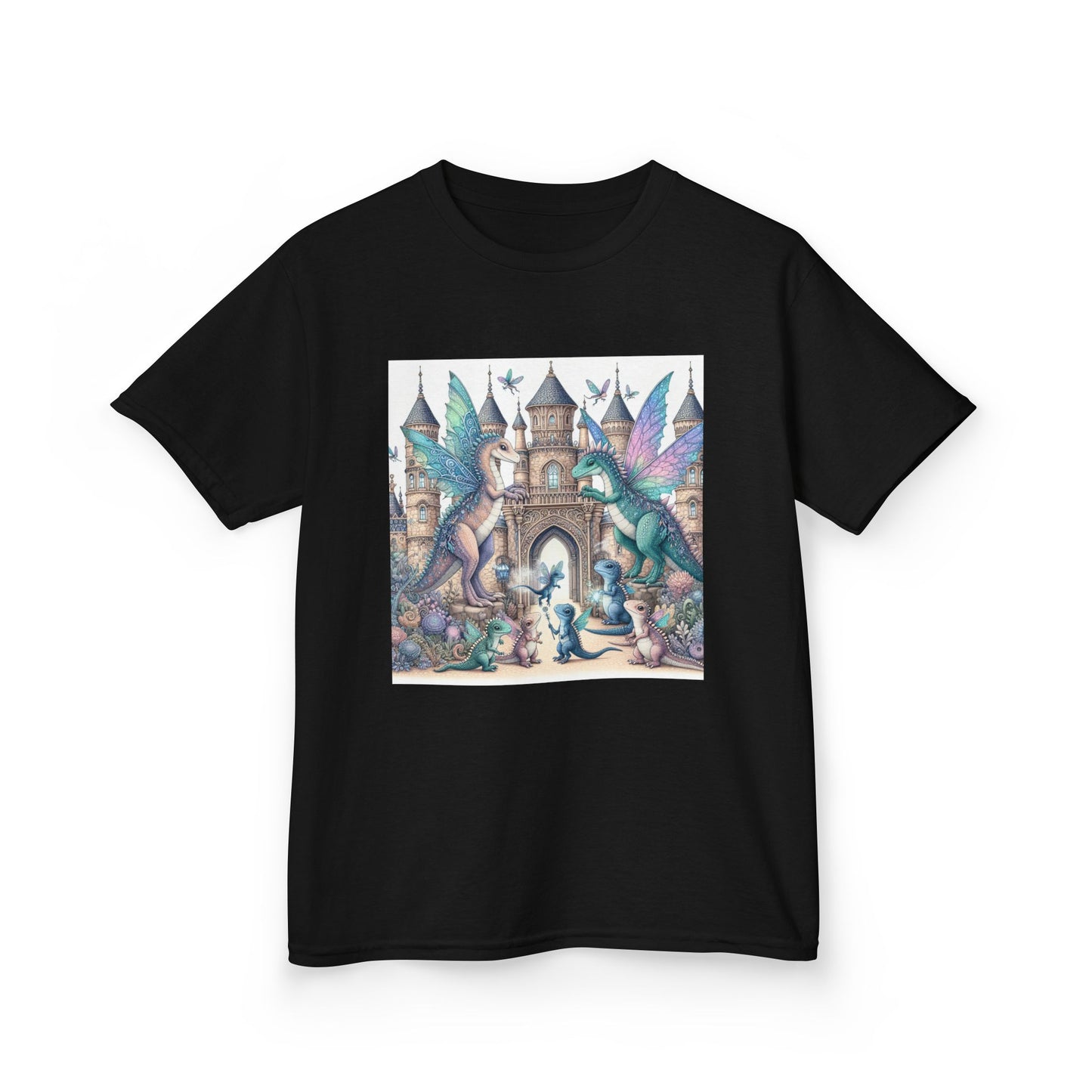 Kids Heavy Cotton™ Tee - Features a Castle and Fairy Dragon print - Unisex