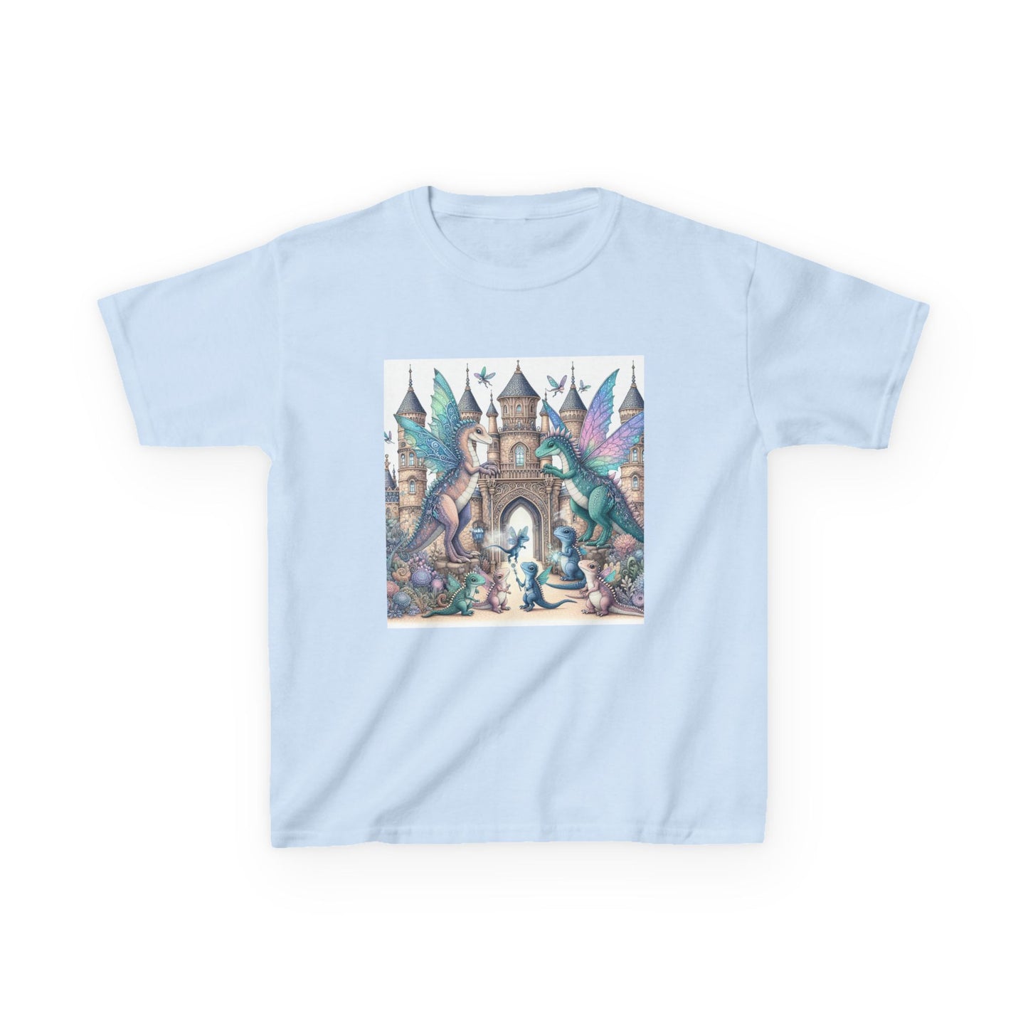 Kids Heavy Cotton™ Tee - Features a Castle and Fairy Dragon print - Unisex