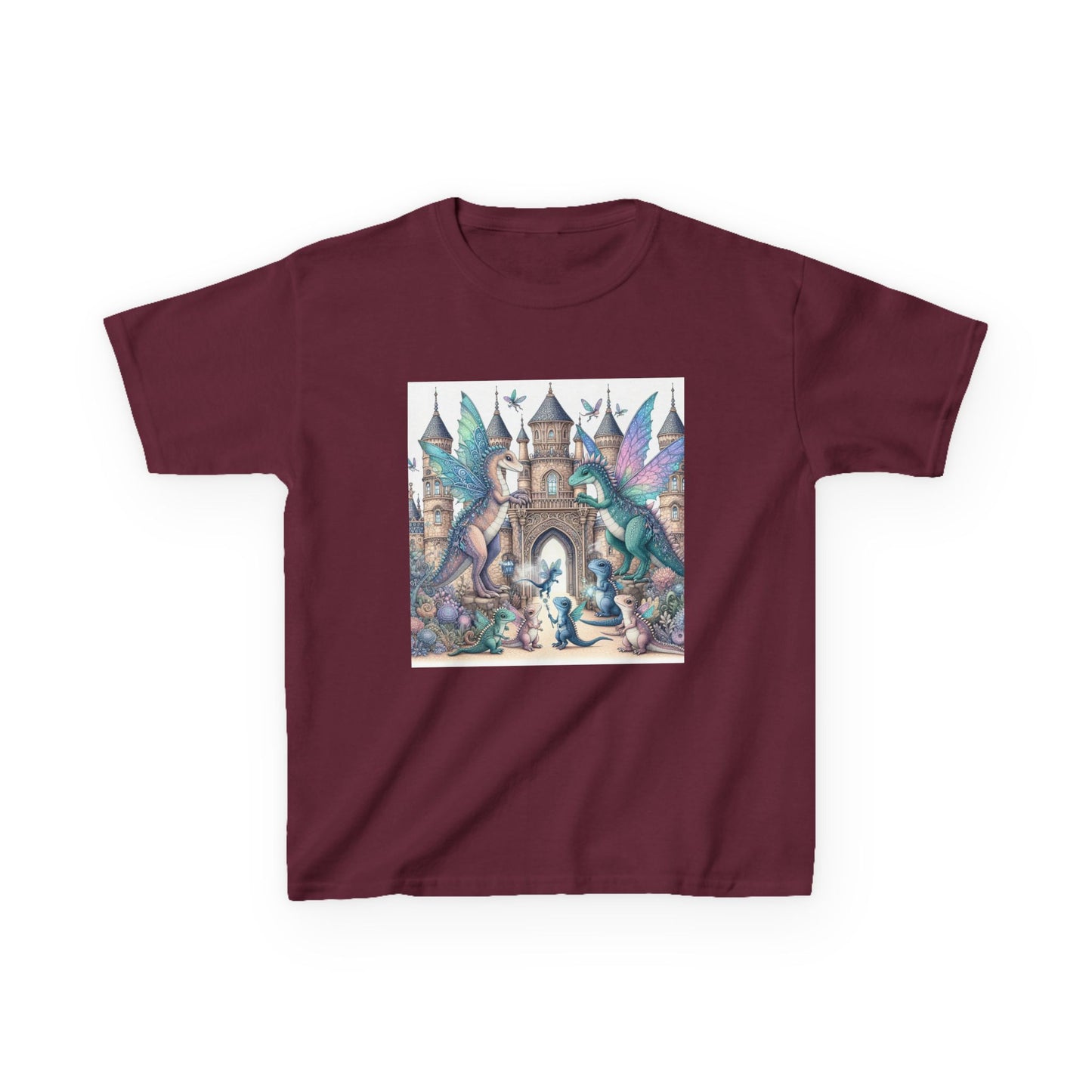 Kids Heavy Cotton™ Tee - Features a Castle and Fairy Dragon print - Unisex