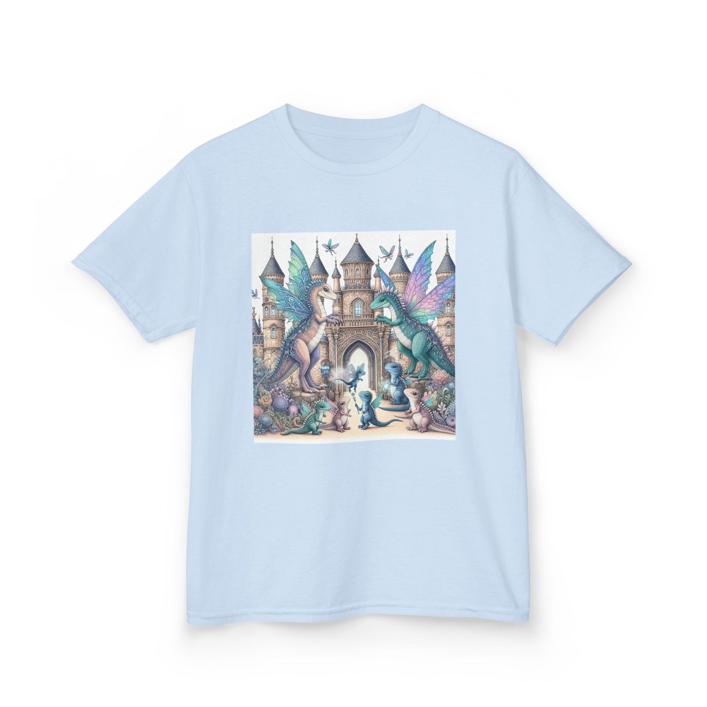 Kids Heavy Cotton™ Tee - Features a Castle and Fairy Dragon print - Unisex