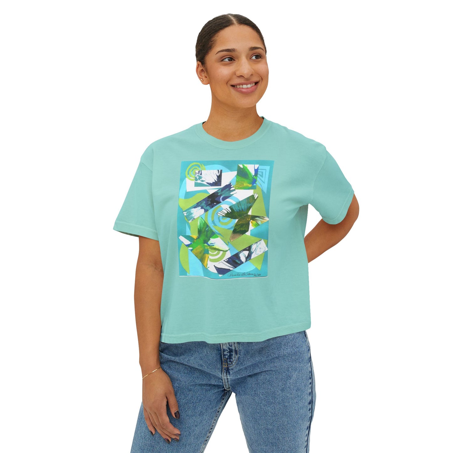 Tropical Collage Women's Boxy Tee — Abstract Green Blue Floral Graphic