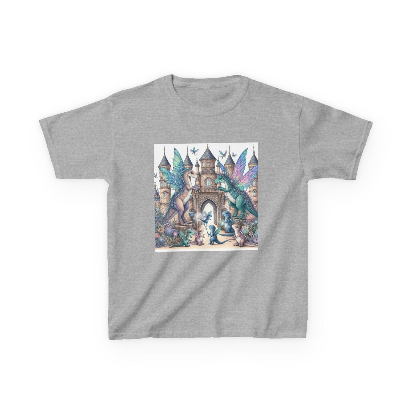 Kids Heavy Cotton™ Tee - Features a Castle and Fairy Dragon print - Unisex