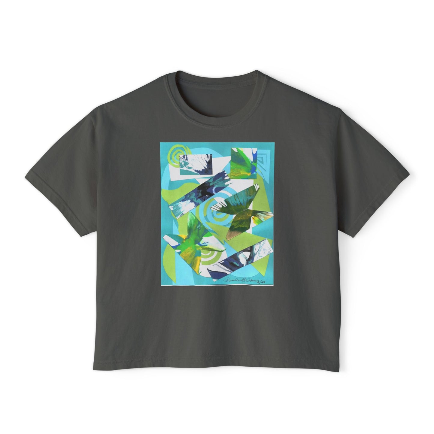 Tropical Collage Women's Boxy Tee — Abstract Green Blue Floral Graphic