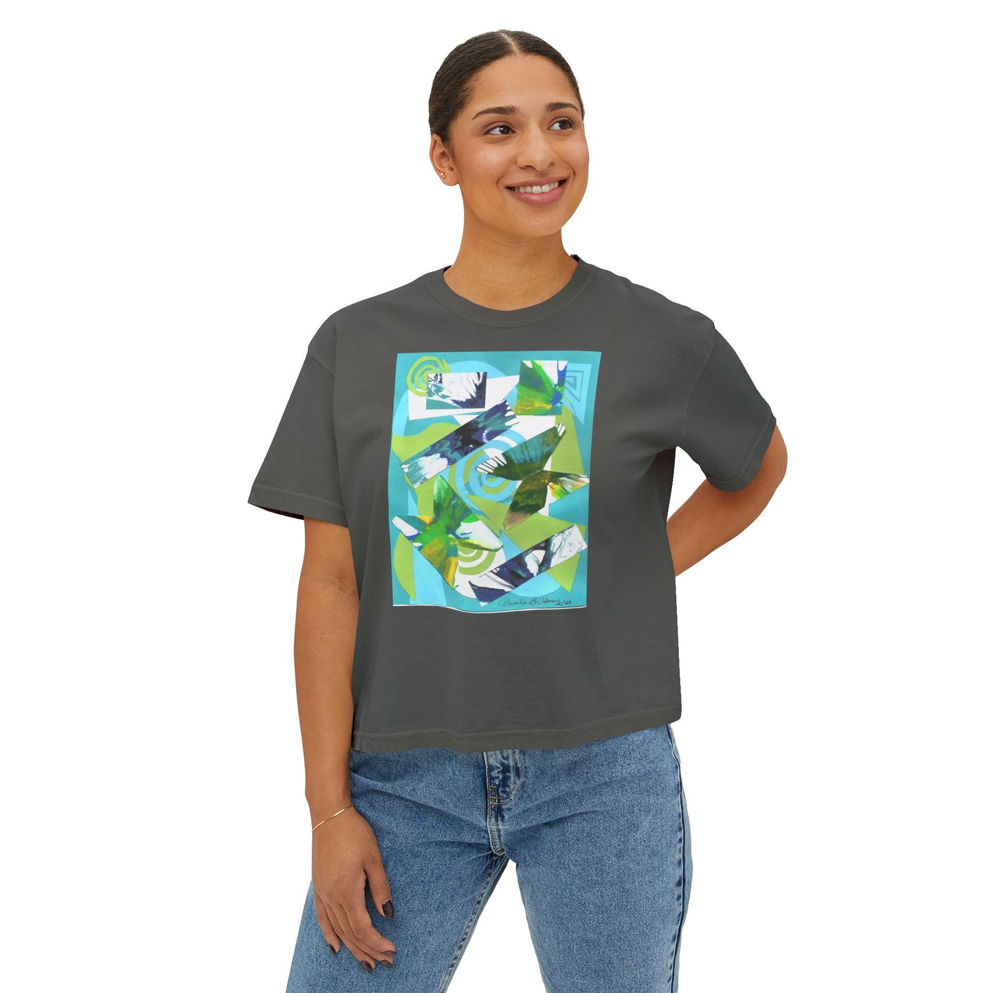 Tropical Collage Women's Boxy Tee — Abstract Green Blue Floral Graphic