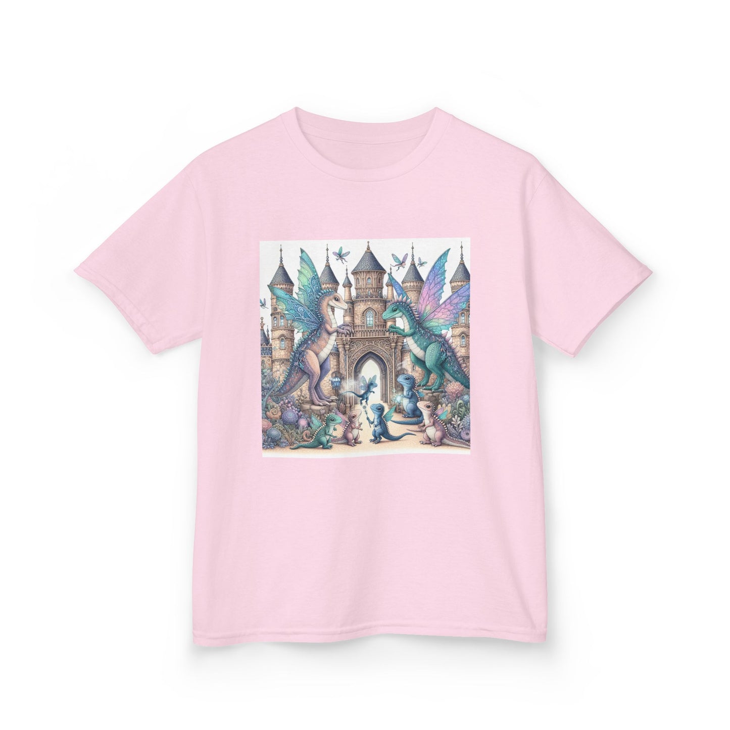 Kids Heavy Cotton™ Tee - Features a Castle and Fairy Dragon print - Unisex