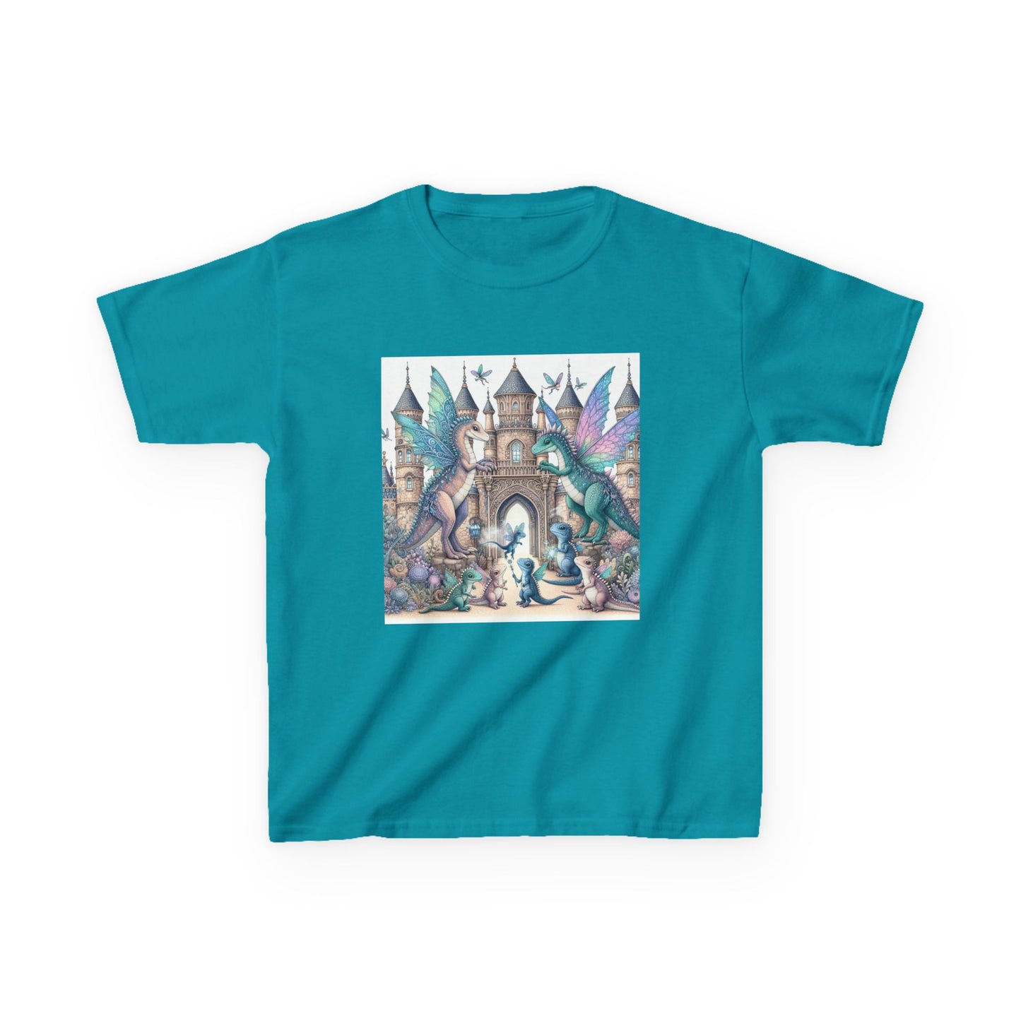 Kids Heavy Cotton™ Tee - Features a Castle and Fairy Dragon print - Unisex