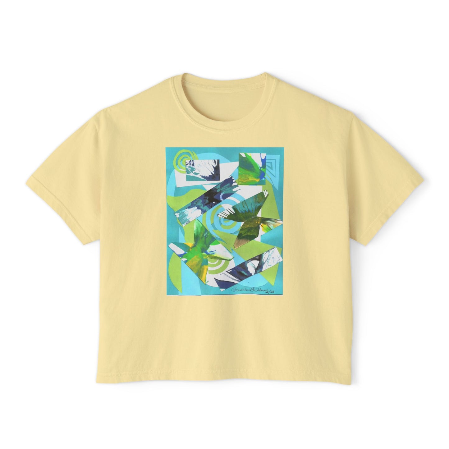 Tropical Collage Women's Boxy Tee — Abstract Green Blue Floral Graphic