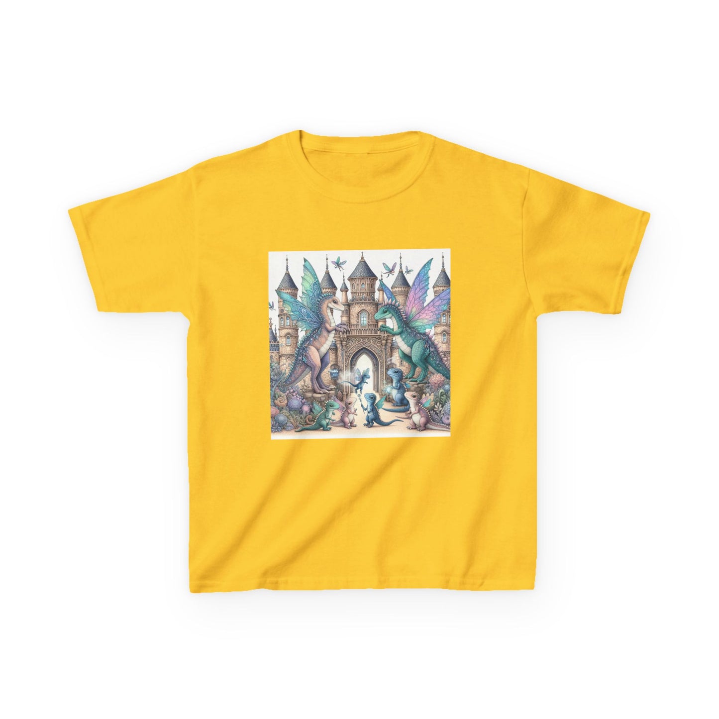 Kids Heavy Cotton™ Tee - Features a Castle and Fairy Dragon print - Unisex