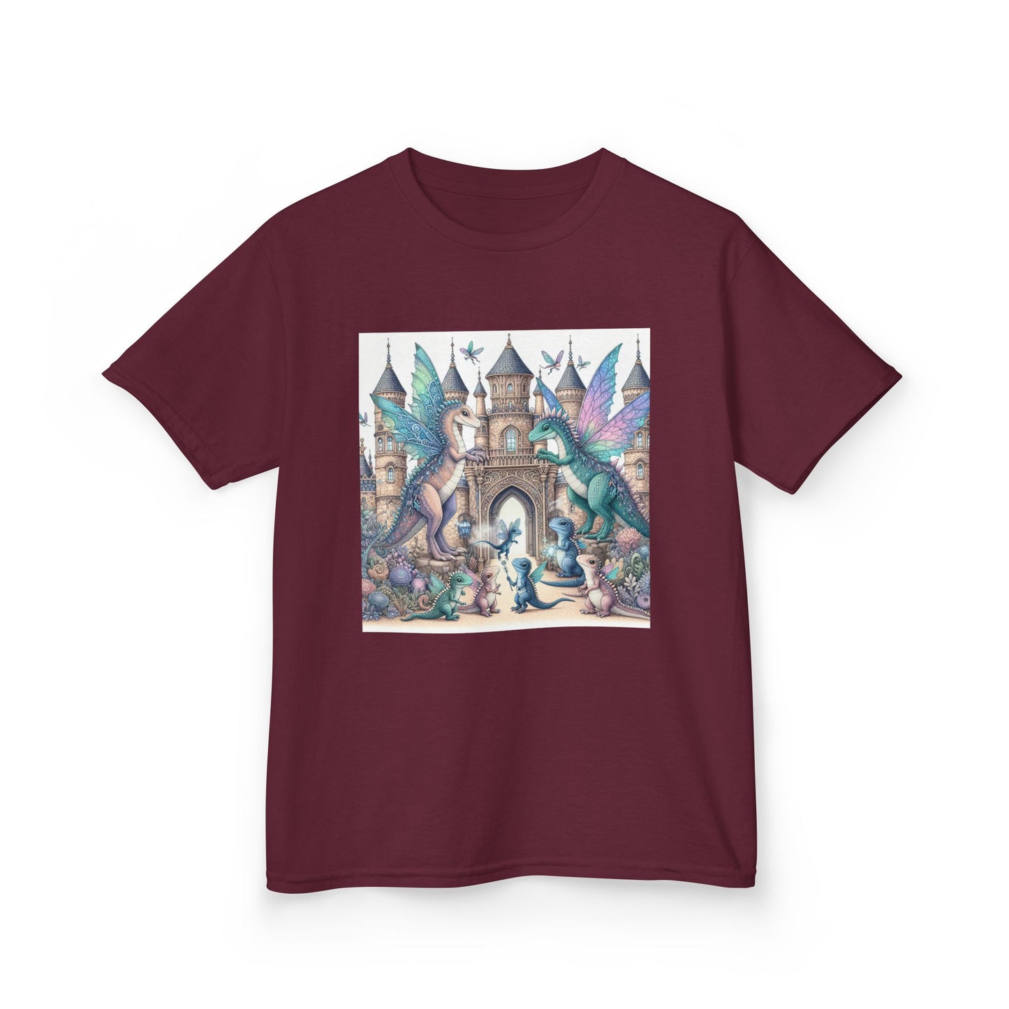Kids Heavy Cotton™ Tee - Features a Castle and Fairy Dragon print - Unisex