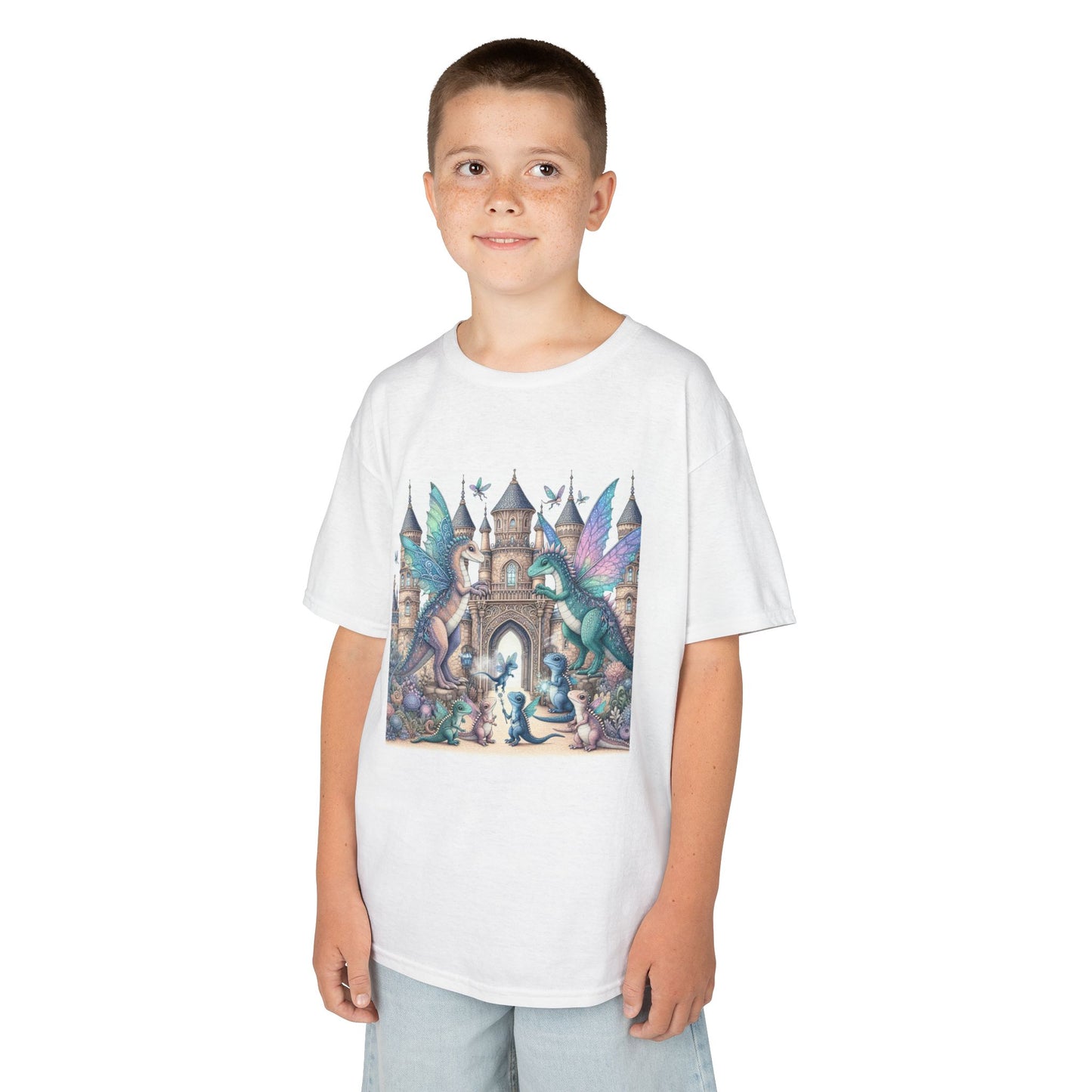 Kids Heavy Cotton™ Tee - Features a Castle and Fairy Dragon print - Unisex