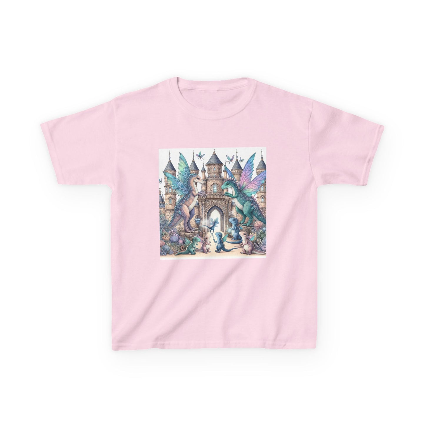 Kids Heavy Cotton™ Tee - Features a Castle and Fairy Dragon print - Unisex