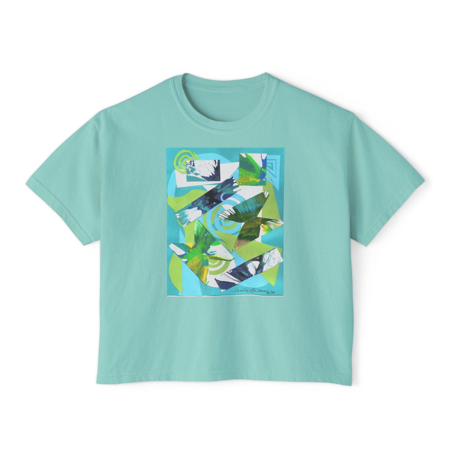 Tropical Collage Women's Boxy Tee — Abstract Green Blue Floral Graphic