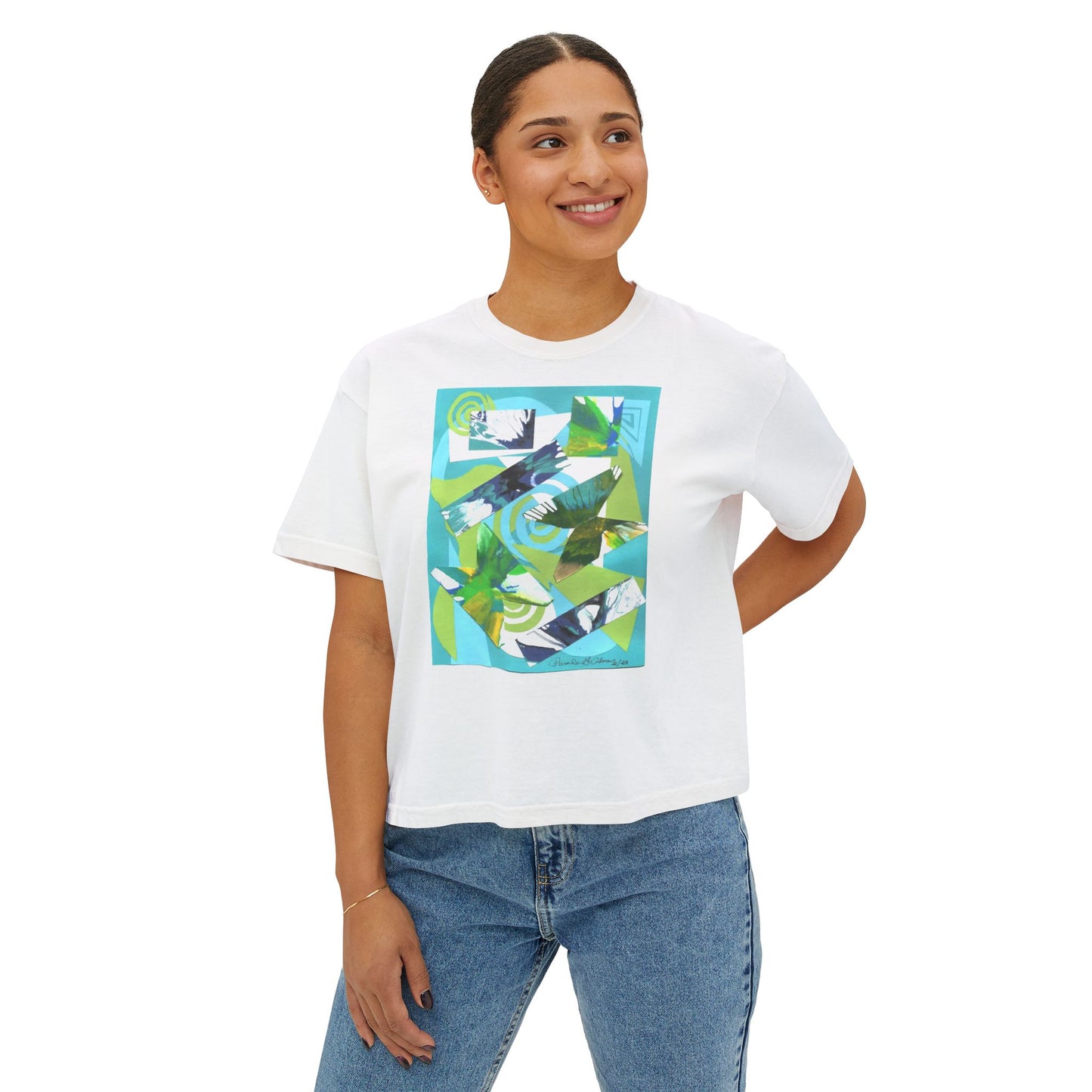 Tropical Collage Women's Boxy Tee — Abstract Green Blue Floral Graphic