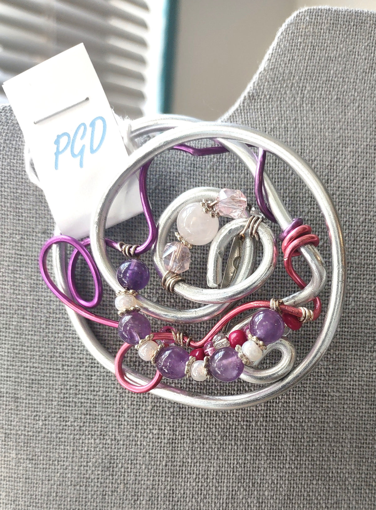 Aluminum Swirl Brooch with Amethyst & Rose Quartz