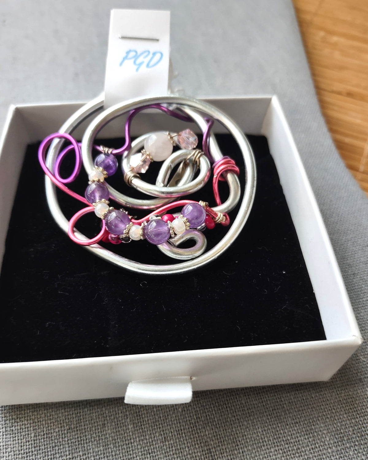 Aluminum Swirl Brooch with Amethyst & Rose Quartz