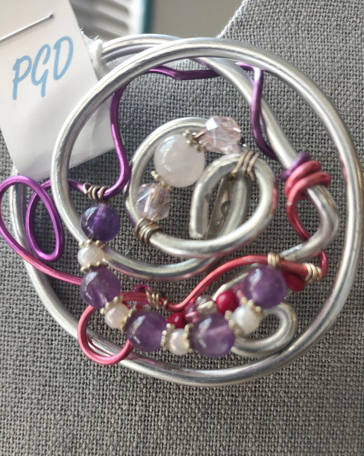 Aluminum Swirl Brooch with Amethyst & Rose Quartz