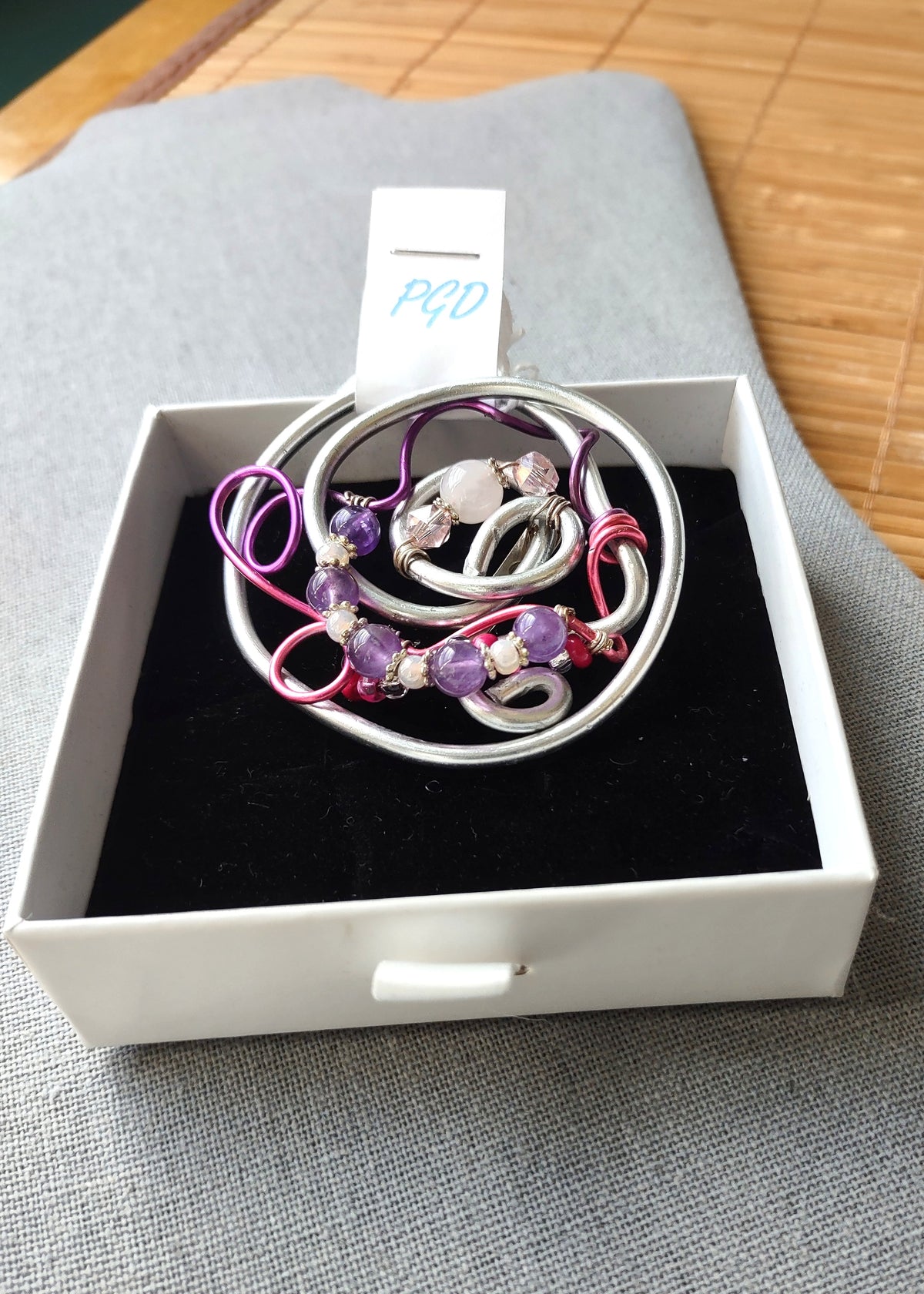 Aluminum Swirl Brooch with Amethyst & Rose Quartz