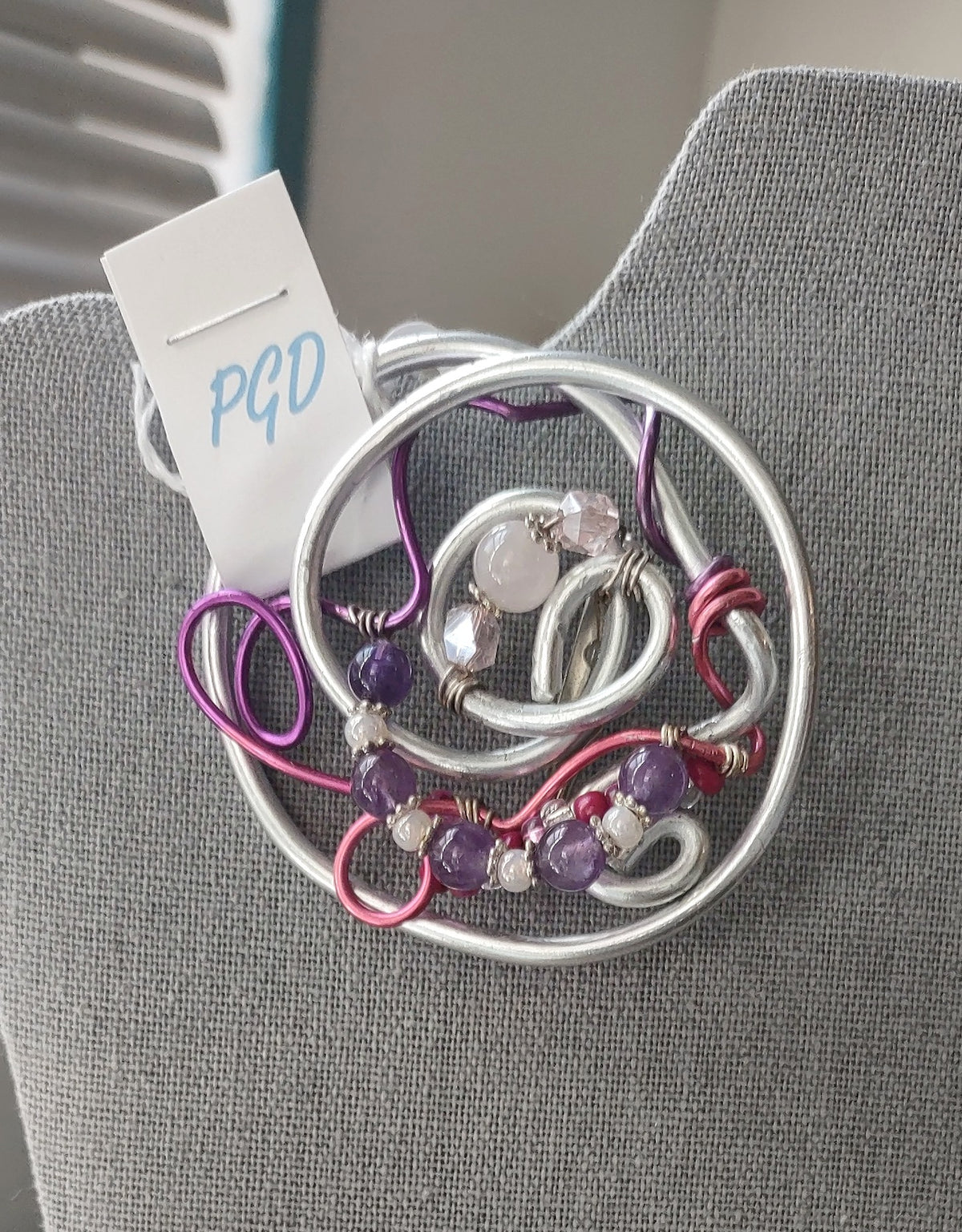 Aluminum Swirl Brooch with Amethyst & Rose Quartz