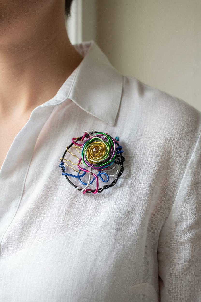 A circular wire art sculpture or decorative piece made from multiple colorful metal wires, including gold, green, pink, blue, black, and silver, arranged on a textured gray fabric background.