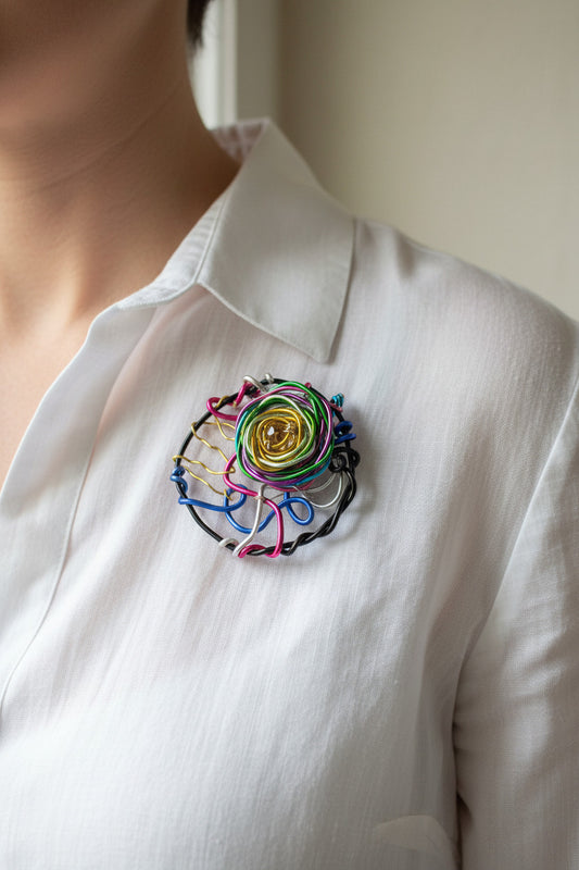 A circular wire art sculpture or decorative piece made from multiple colorful metal wires, including gold, green, pink, blue, black, and silver, arranged on a textured gray fabric background.