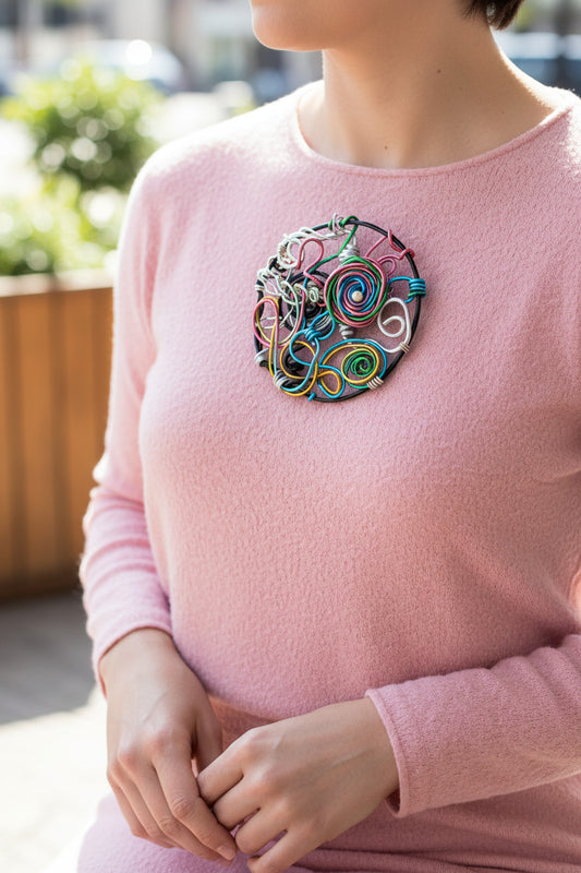 A circular black wire art piece with multiple colorful coiled and twisted metal strands in pink, blue, green, yellow, and silver, displayed on a gray fabric mannequin bust.